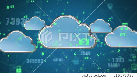 Image of clouds, changing numbers and connected icons over blue background 116175353