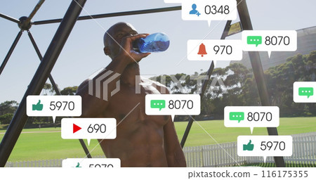 Image of notification bars over african american athlete drinking water after training outdoors 116175355
