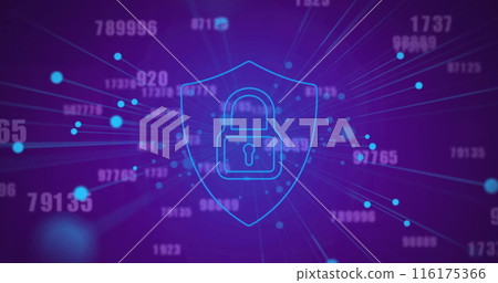 Image of dots around padlock in shield and changing numbers over blue background Image of dots around padlock in shield and changing numbers over blue background 116175366