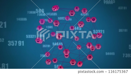 Image of connected icons globe and changing numbers over blue background Image of connected icons globe and changing numbers over blue background 116175367