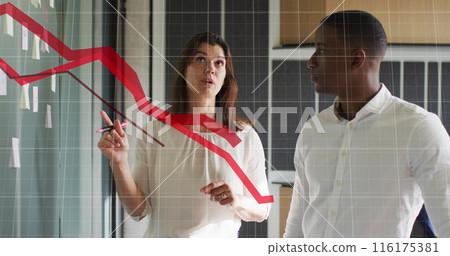Image of red graphs moving over diverse man and woman discussing over memo notes at office 116175381