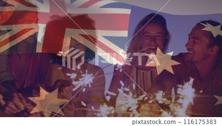 Composite image of australia flag over group of diverse friends celebrating with sparklers at beach Composite image of australia flag over group of diverse friends celebrating with sparklers at beach 116175383