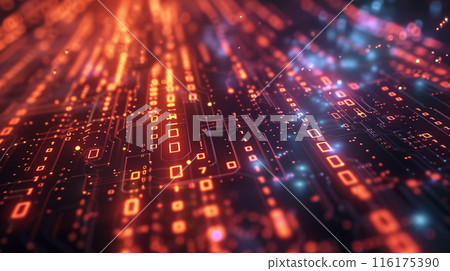 真實的插圖描繪了電腦內部的數位影像，其中電腦的二進位代碼正在流動。 116175390