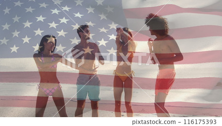 Composite image of waving usa flag over two diverse couples dancing and enjoying at the beach 116175393