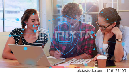 Image of security padlock icon against diverse photographers discussing over photos at office Image of security padlock icon against diverse photographers discussing over photos at office 116175405