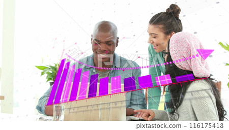 Image of statistical data processing over diverse colleagues discussing over a laptop at office 116175418