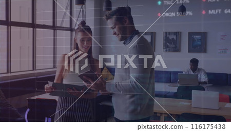 Image of stock market data processing against diverse man and woman discussing at office Image of stock market data processing against diverse man and woman discussing at office 116175438