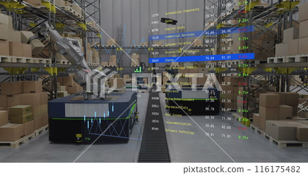 Image of screen with data processing over warehouse Image of screen with data processing over warehouse 116175482