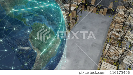 Image of globe of connections over warehouse Image of globe of connections over warehouse 116175496