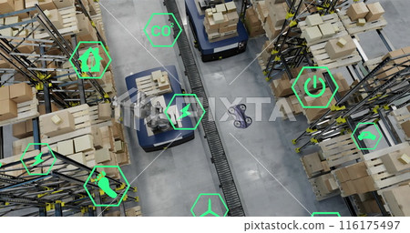 Image of eco icons over warehouse Image of eco icons over warehouse 116175497