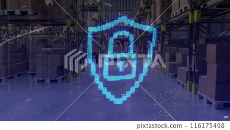 Image of shield with padlock and data processing over warehouse Image of shield with padlock and data processing over warehouse 116175498