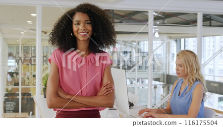 Image of biracial colleague standing, caucasian colleague using computer 116175504