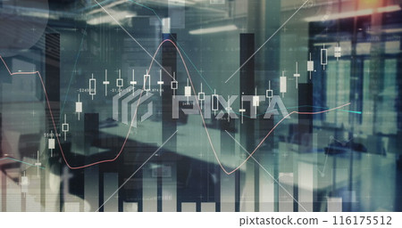 Image of multiple graphs, loading circles and data over empty office in background Image of multiple graphs, loading circles and data over empty office in background 116175512