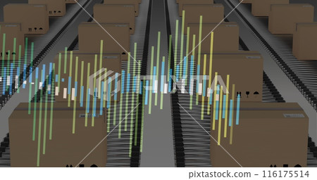 Image of graphs over moving cardboard boxes on conveyor belts Image of graphs over moving cardboard boxes on conveyor belts 116175514