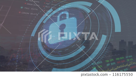 Image of padlock in loading circles, graphs, trading board over aerial view of modern city 116175550