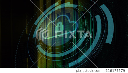 Image of security padlock and cloud icon on round scanner against computer server room 116175579
