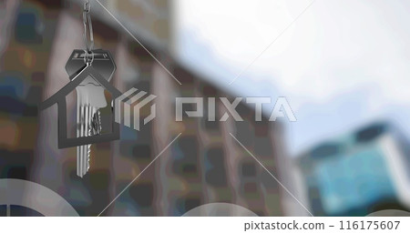 Image of bar graph icons and hanging silver house keys against blurred view of tall building Image of bar graph icons and hanging silver house keys against blurred view of tall building 116175607