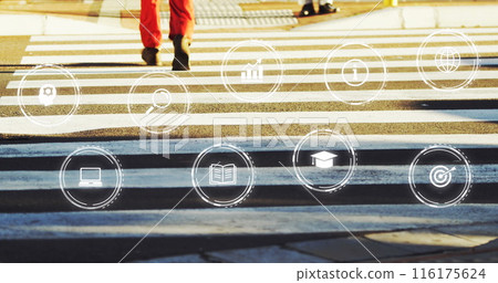 Image of multiple digital icons against low section of man crossing the street 116175624
