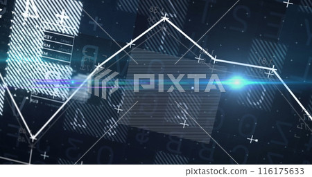 Image of light spot over statistical data processing against blue background 116175633