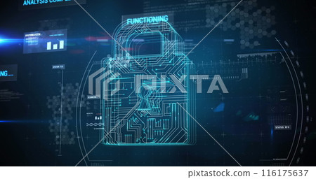 Image of scope scanning over security padlock icon and data processing on black background 116175637
