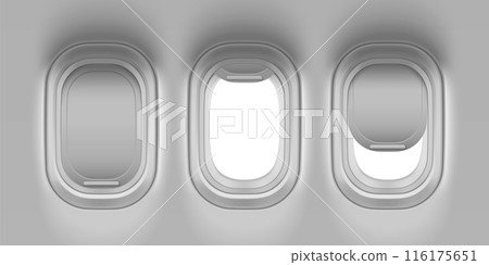 Closed, open and ajar plane window from inside. Closed, open and ajar plane window from inside. 116175651