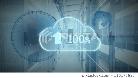 Image of cloud data upload icon, round scanner and data processing against computer server room Image of cloud data upload icon, round scanner and data processing against computer server room 116175655
