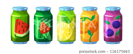 Fruit and berry carbonated soda in tin can. 116175663