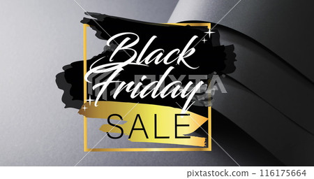 Image of black friday sale text over rolled up black paper on black background 116175664