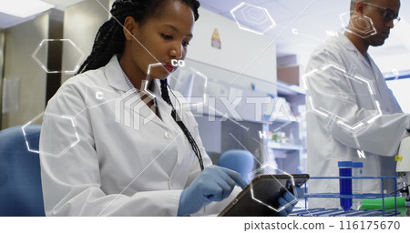 Image of medical data processing on african american female scientist using tablet at laboratory Image of medical data processing on african american female scientist using tablet at laboratory 116175670