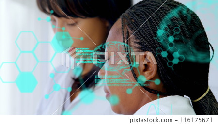 Image of medical data processing over two diverse female scientists working at laboratory Image of medical data processing over two diverse female scientists working at laboratory 116175671