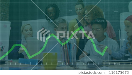 Image of statistical data processing against diverse colleagues discussing together at office 116175673