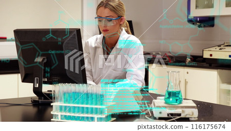 Image of medical data processing on caucasian female scientist using computer at laboratory Image of medical data processing on caucasian female scientist using computer at laboratory 116175674