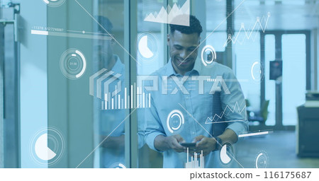 Image of statistical data processing against biracial man using smartphone smiling at office Image of statistical data processing against biracial man using smartphone smiling at office 116175687
