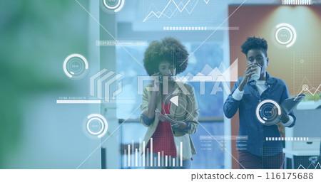 Image of data processing against two african american women discussing in office corridor Image of data processing against two african american women discussing in office corridor 116175688