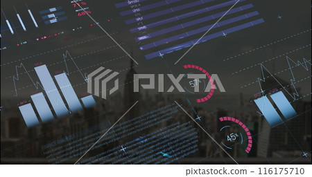 Image of multicolored infographic interface over aerial view of modern city against sky Image of multicolored infographic interface over aerial view of modern city against sky 116175710