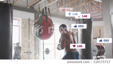 Image of multiple notification bars, african american boxer practicing punches on punching bag Image of multiple notification bars, african american boxer practicing punches on punching bag 116175717