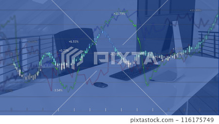 Image of multiple graphs with changing numbers over unoccupied chair and desktop in office 116175749