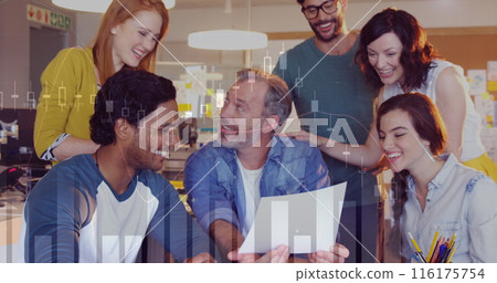 Image of multiple graphs, diverse coworkers clapping after hearing idea of coworker in office 116175754