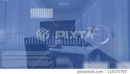 Image of icons, graphs, trading board, loading circles, chair, desktop in office 116175767