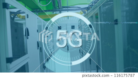 Image of 5g text over round scanner and data processing against computer server room 116175787