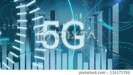 Image of 5g text, round scanners and statistical data processing against computer server room 116175788