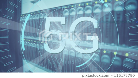 Image of 5g text over spinning round scanner and light spot against close up of computer server Image of 5g text over spinning round scanner and light spot against close up of computer server 116175790