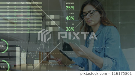 Image of statistical data processing on caucasian woman reading document using tablet at office Image of statistical data processing on caucasian woman reading document using tablet at office 116175801