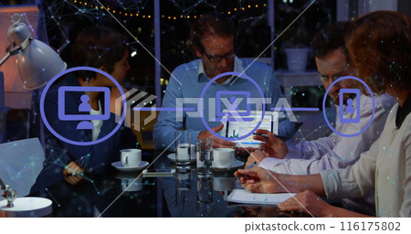 Image of network of digital icons against diverse businesspeople discussing together at office Image of network of digital icons against diverse businesspeople discussing together at office 116175802