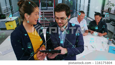 Image of network of icons over diverse businessman and businesswoman discussing at office Image of network of icons over diverse businessman and businesswoman discussing at office 116175804
