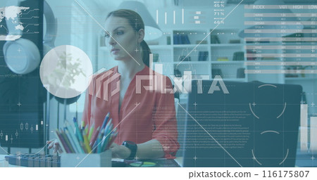 Image of statistical data processing against thoughtful caucasian woman using computer at office Image of statistical data processing against thoughtful caucasian woman using computer at office 116175807