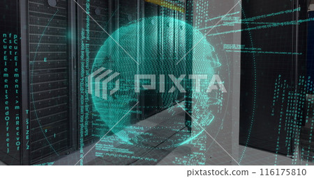 Image of data processing over spinning globe against computer server room 116175810