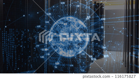 Image of data processing over spinning globe against computer server room 116175827