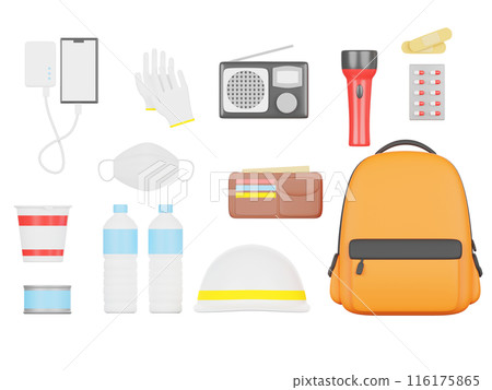 3D illustration set of disaster prevention goods 3D illustration set of disaster prevention goods 116175865