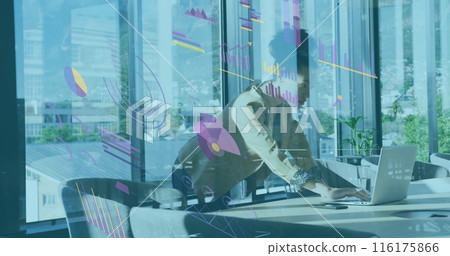 Image of interface with data processing against african american woman using laptop at office 116175866